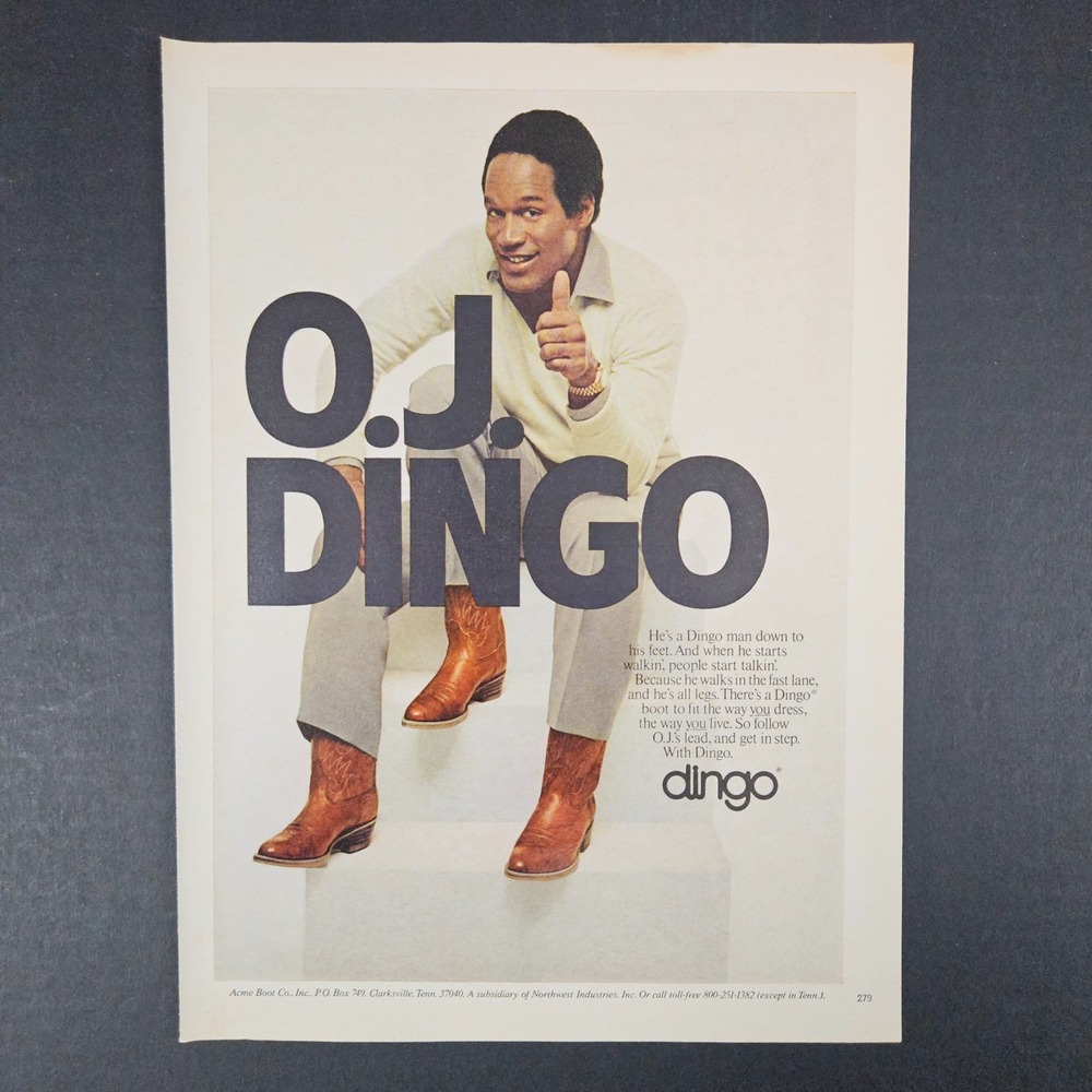 1982 Acme Boot Co Dingo 3-Legged OJ Simpson Vintage Print Ad Clarksville TN Shop